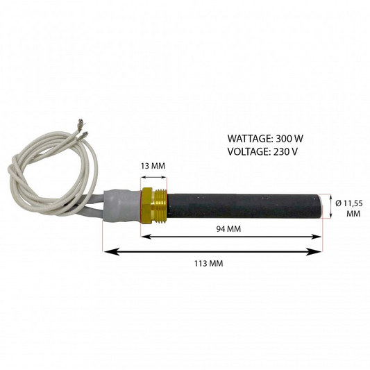 Resistenza in ceramica 113 mm , 300 W , 230 V nera con attacco 11,55 mm 